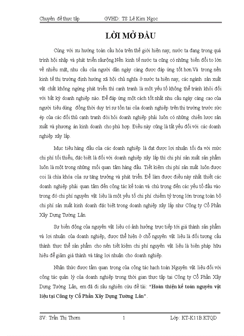 Hoàn thiện kế toán nguyên vật liệu tại Công ty Cổ Phần Xây Dựng Tường Lân