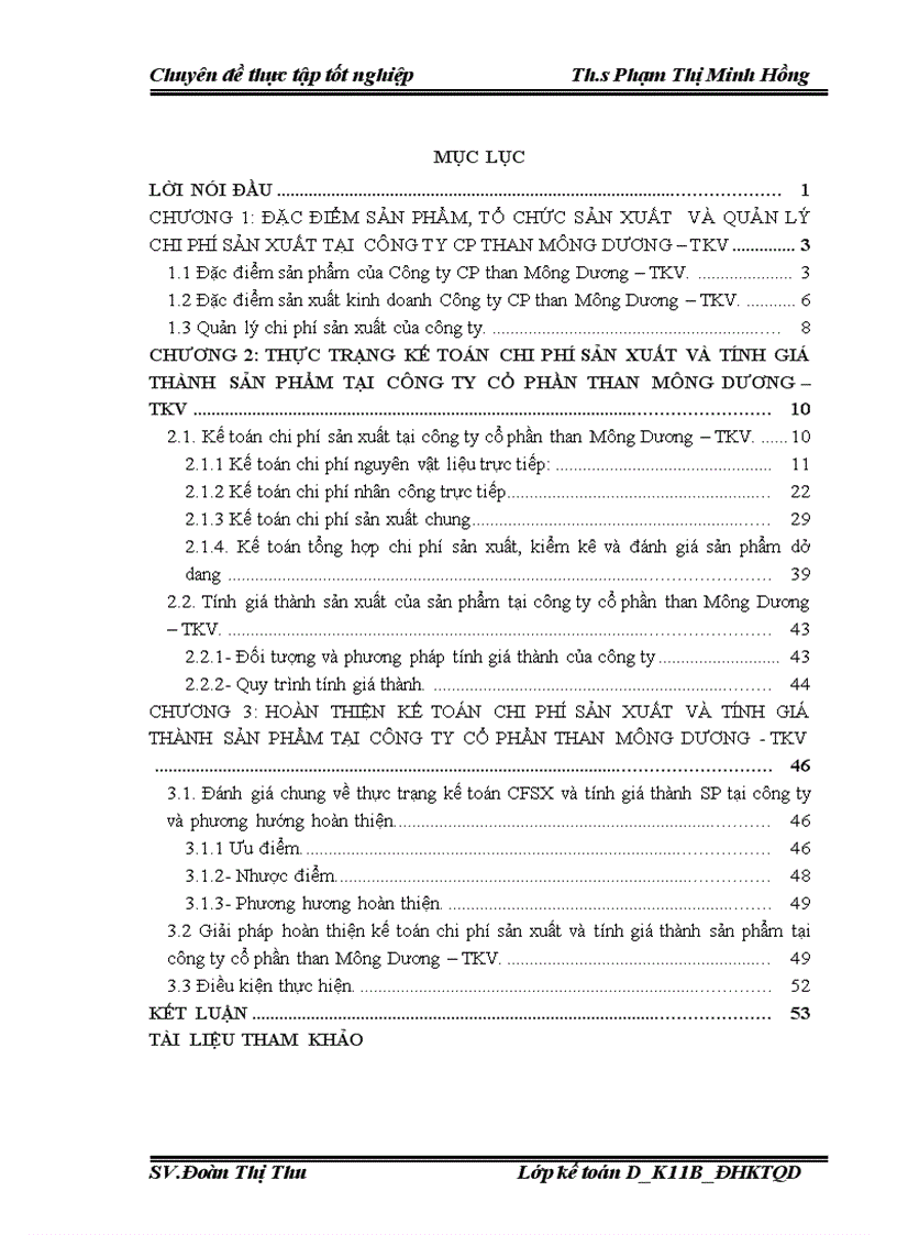 Hoàn thiện kế toán chi phí sản xuất và tính giá thành sản phẩm tại công ty Cổ phần than Mông Dương TKV