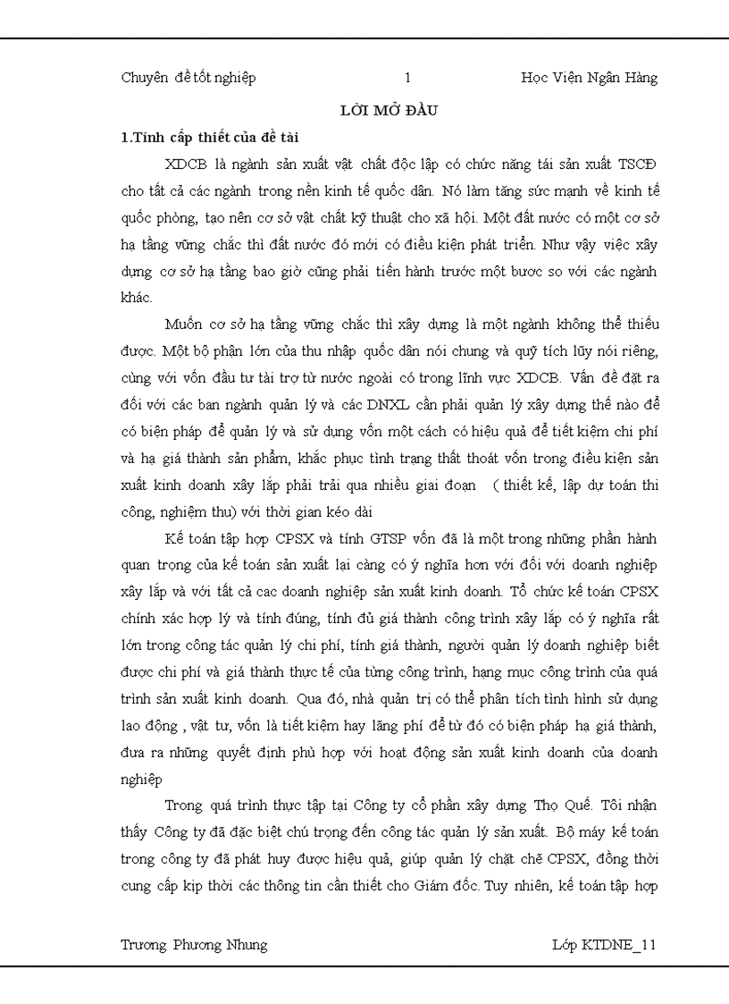 Giải pháp hoàn thiện kế toán tập hợp chi phí sản xuất và tính giá thành sản phẩm xây lắp tại Công ty Cổ phần xây dựng Thọ Quế