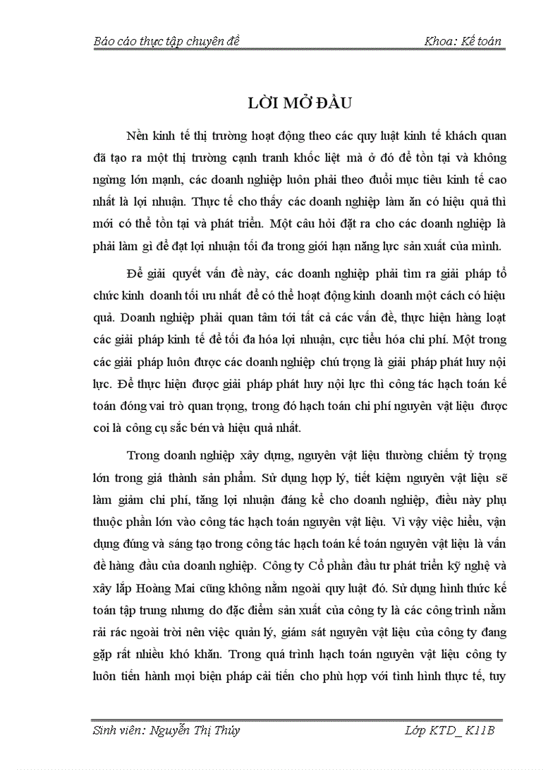 Hoàn thiện kế toán nguyên vật liệu ở công ty Cổ phần đầu tư phát triển kỹ nghệ và xây lắp Hoàng Mai