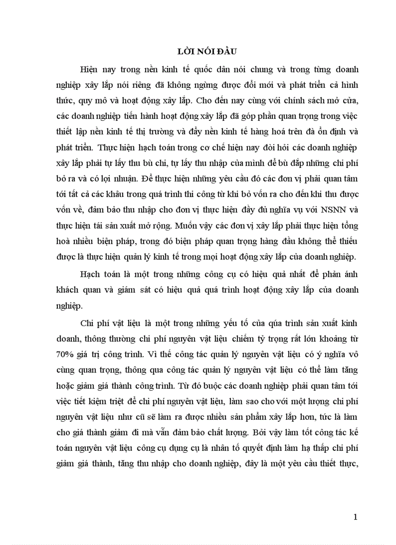 Kế toán nguyên vật liệu ở Công ty cổ phần xây dựng số 1 Hà Nội 1