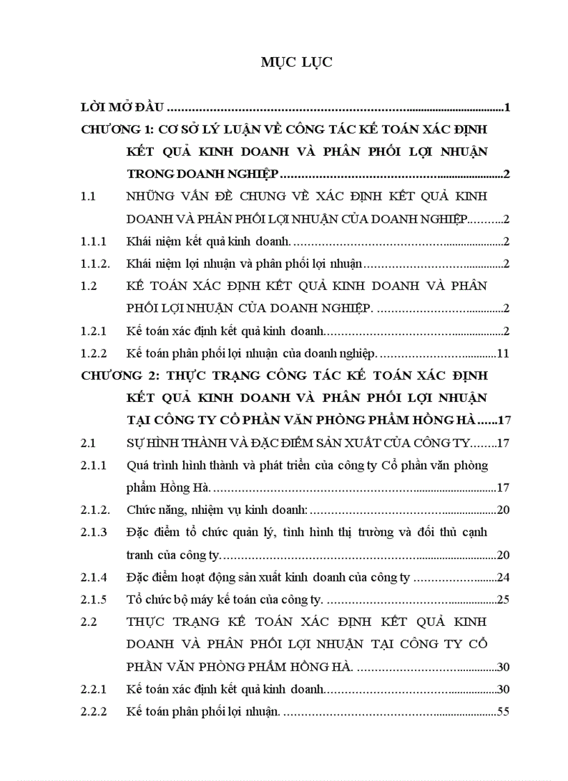 Thực trạng công tác kế toán xác định kết quả kinh doanh và phân phối lợi nhuận tại công ty cổ phần văn phòng phẩm hồng hà