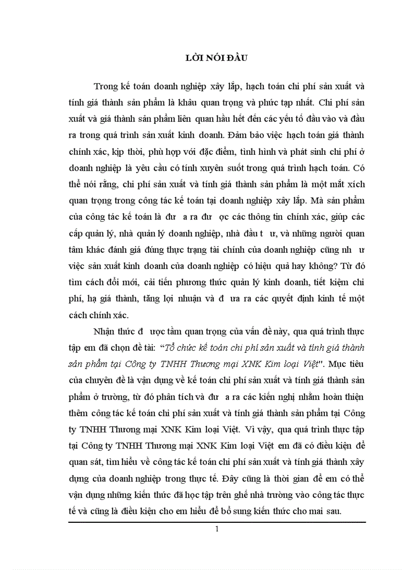 Tổ chức kế toán chi phí sản xuất và tính giá thành sản phẩm tại Công ty TNHH Thương mại XNK Kim loại Việt