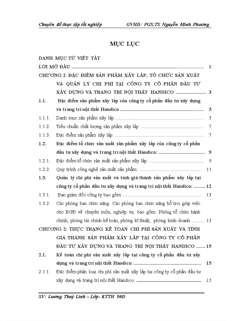 Thực trạng kế toán chi phí sản xuất và tính giá thành sản phẩm xây lắp tại công ty cổ phần đầu tư xây dựng và trang trí nội thất handico