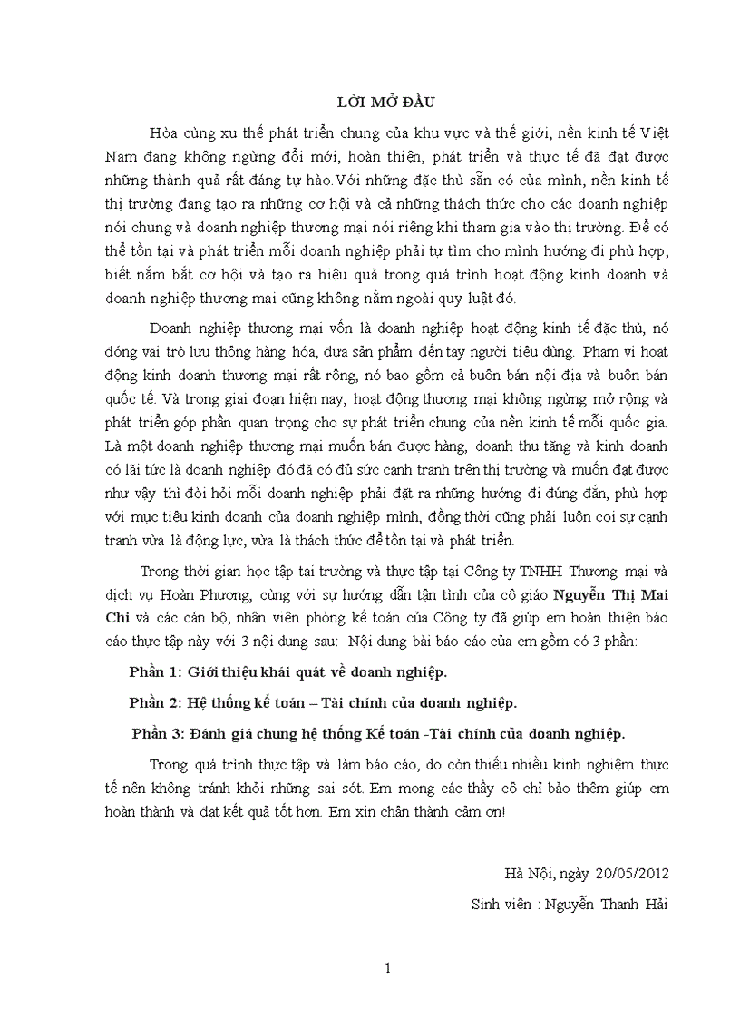 Báo cáo thực tập tại Công ty TNHH Thương mại và dịch vụ Hoàn Phương
