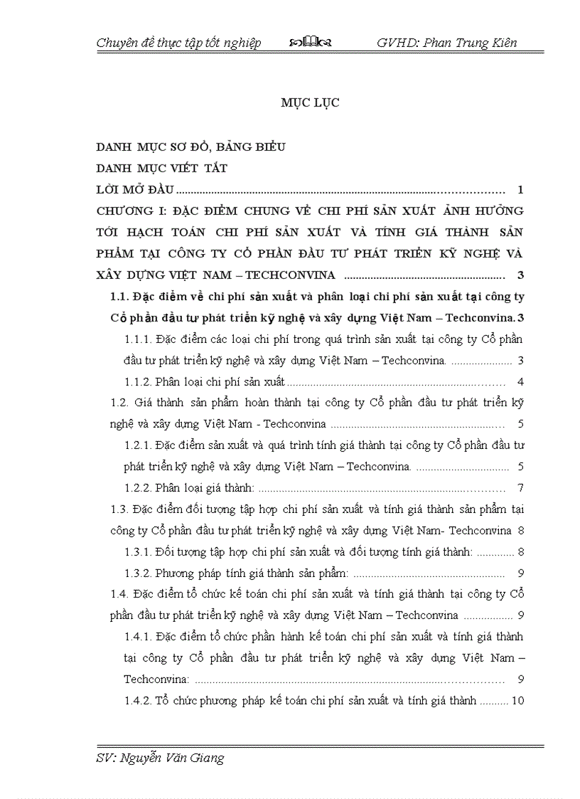 Hạch toán chi phí sản xuất và tính giá thành tại công ty Cổ phần đầu tư phát triển kỹ nghệ và xây dựng Việt Nam Techconvina