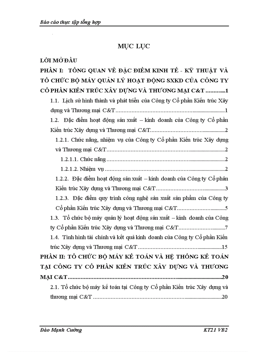Tổ chức bộ máy kế toán và hệ thống kế toán tại Công ty Cổ phần Kiến trúc Xây dựng và Thương mại C T 1
