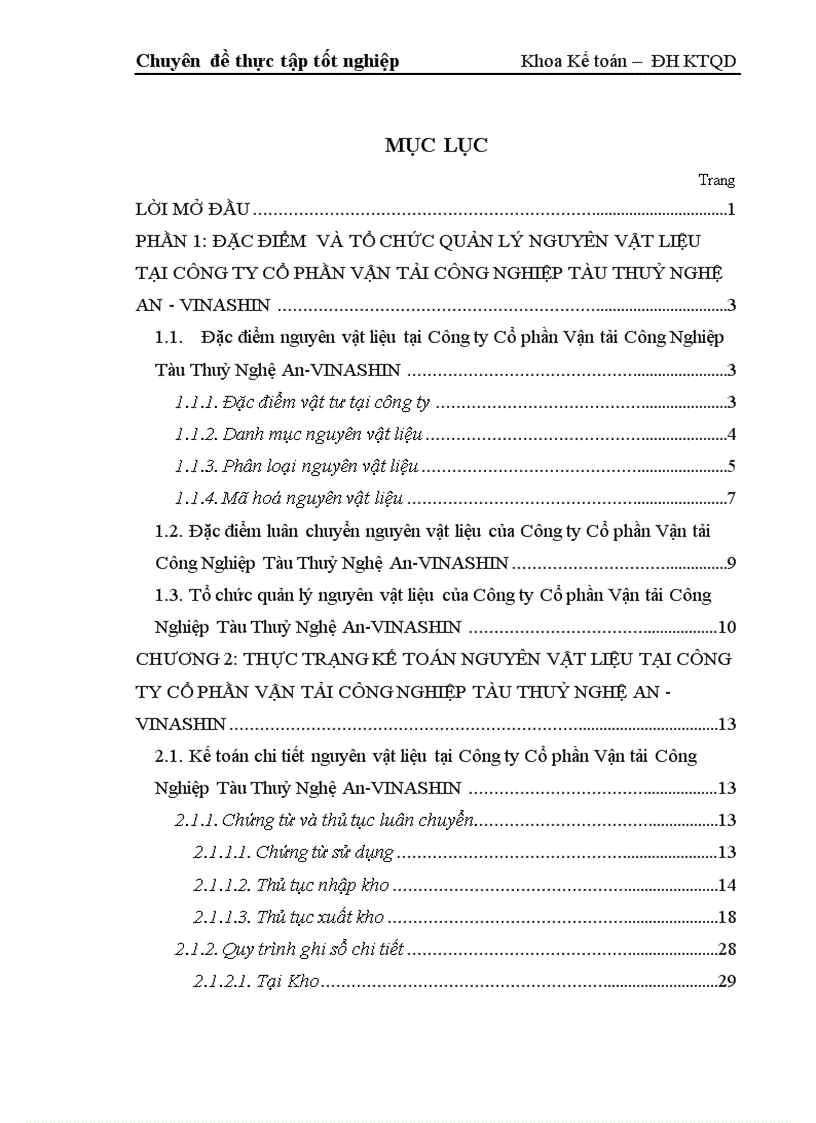 Thực trạng kế toán nguyên vật liệu tại công ty cổ phần vận tải công nghiệp tàu thuỷ nghệ an vinashin