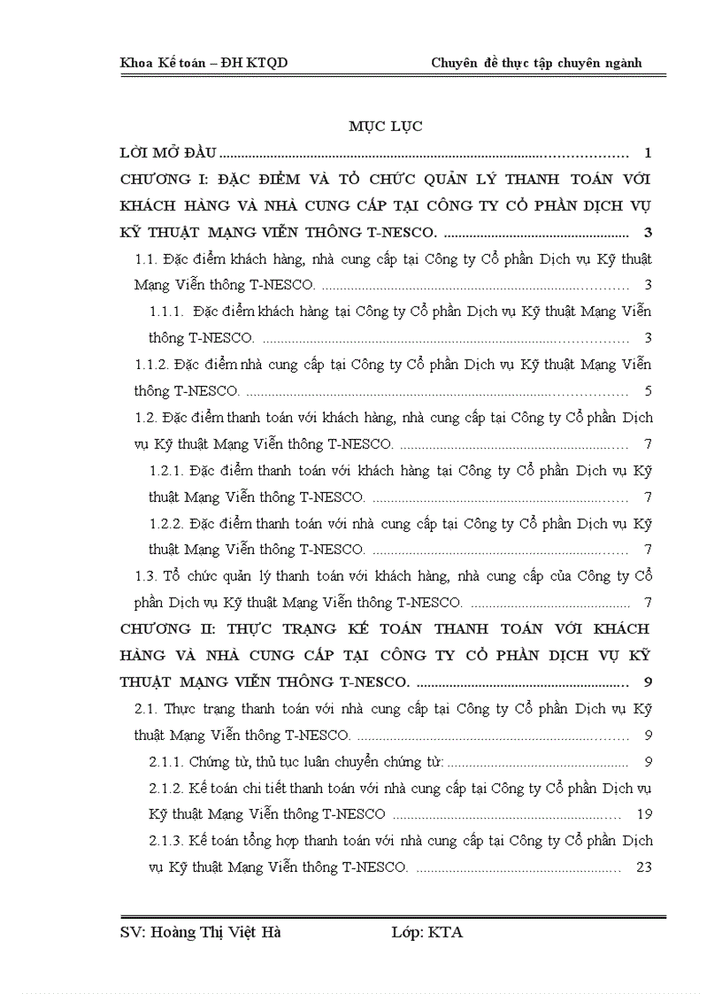 Hoàn thiện kế toán thanh toán với khách hàng và nhà cung cấp tại Công ty Cổ phần Dịch vụ Kỹ thuật Mạng Viễn thông T NESCO 1