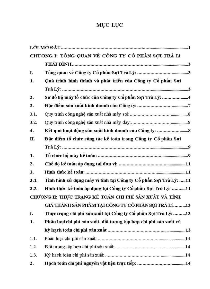 Hoàn thiện kế toán chi phí sản xuất và tính giá thành sản phẩm tại Công ty Cổ phần Sợi Trà Lý