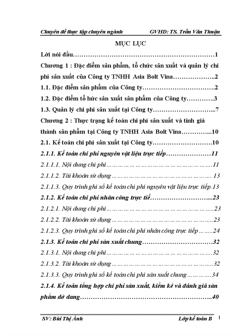 Hoàn thiện kế toán chi phí sản xuất và tính giá thành sản phẩm tại Công ty TNHH Asia Bolt Vina