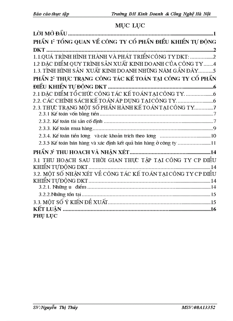 Thực trạng công tác kế toán tại Công ty Cp điều khiển tự động ĐKT