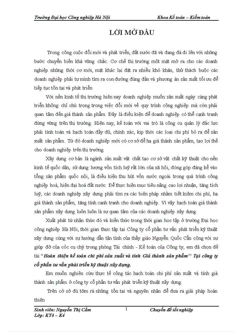 Hoàn thiện kế toán chi phí sản xuất và tính Giá thành sản phẩm Tại công ty cổ phần tư vấn phát triển kỹ thuật xây dựng 1