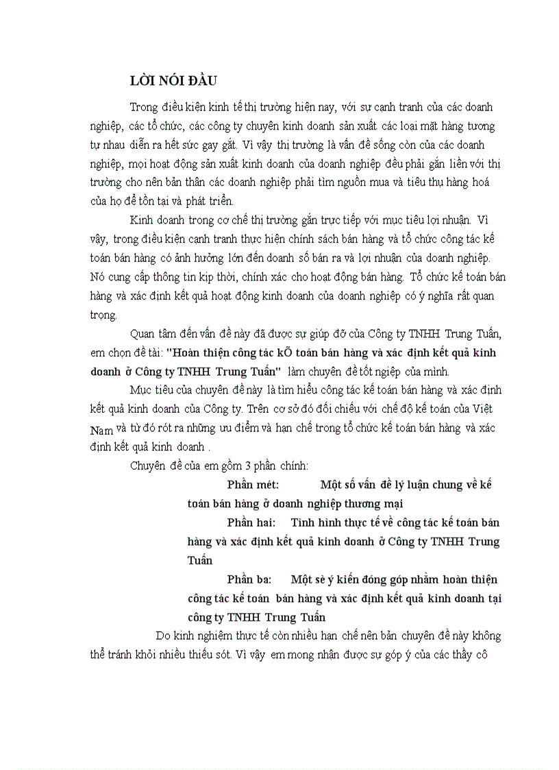 Hoàn thiện công tác kế toán bán hàng và xác định kết quả kinh doanh ở Công ty TNHH Trung Tuấn 1
