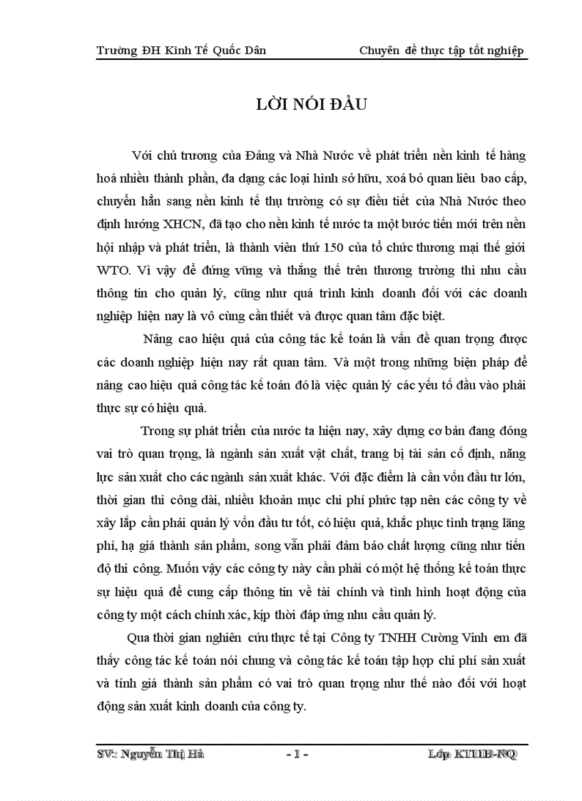 Hoàn thiện kế toán chi phí sản xuất và tính giá thành sản phẩm tại Công ty TNHH Cường Vinh 1