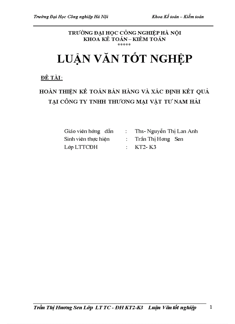 Hoàn thiện kế toán bán hàng và xác định kết quả tại công ty TNHH thương mại vật tư Nam Hải 1