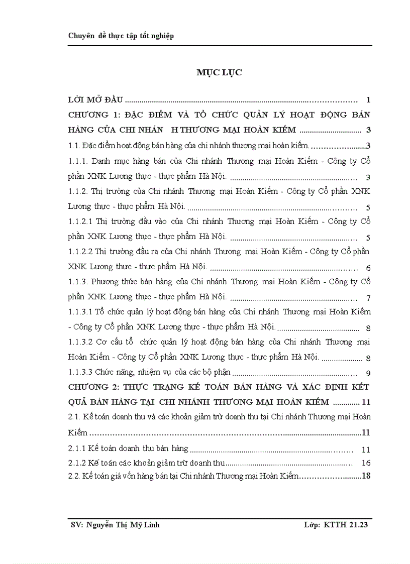 Hoàn thiện kế toán bán hàng tại Chi nhánh Thương mại Hoàn Kiếm Công ty Cổ phần XNK Lương thực thực phẩm Hà Nội