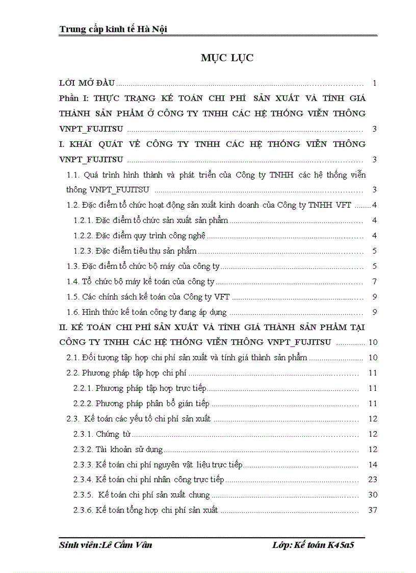 Kế toán chi phí sản xuất và tính giá thành sản phẩm tại CôngTNHH các hệ thống viễn thông VNPT FUJITSU 1