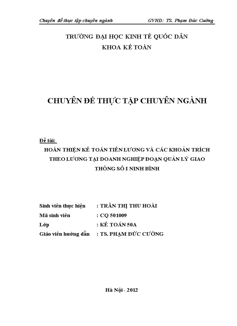 Hoàn thiện kế toán tiền lương và các khoản trích theo lương tại doanh nghiệp Đoạn Quản Lý Giao Thông Số I Ninh Bình