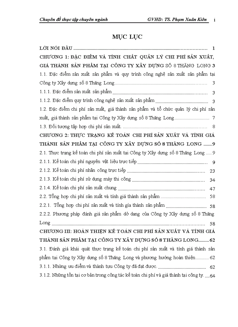 Kế toán chi phí sản xuất và tính giá thành sản phẩm tại Công ty Xây dựng số 8 Thăng Long 1