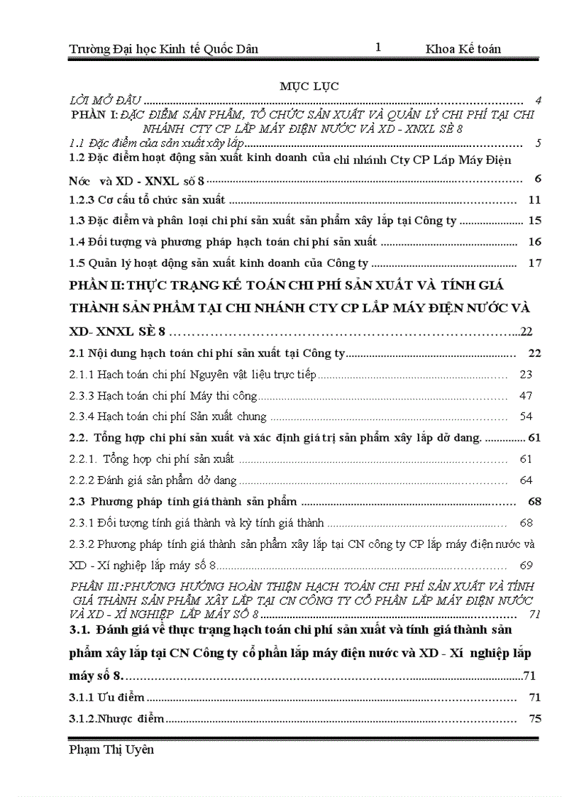 Hoàn thiện kế toá n chi phí sản xuất và tính giá thành sản phẩm tại chi nhánh Cty CP Lắp Máy Điện Nước và XD XN Xây lắp số 8