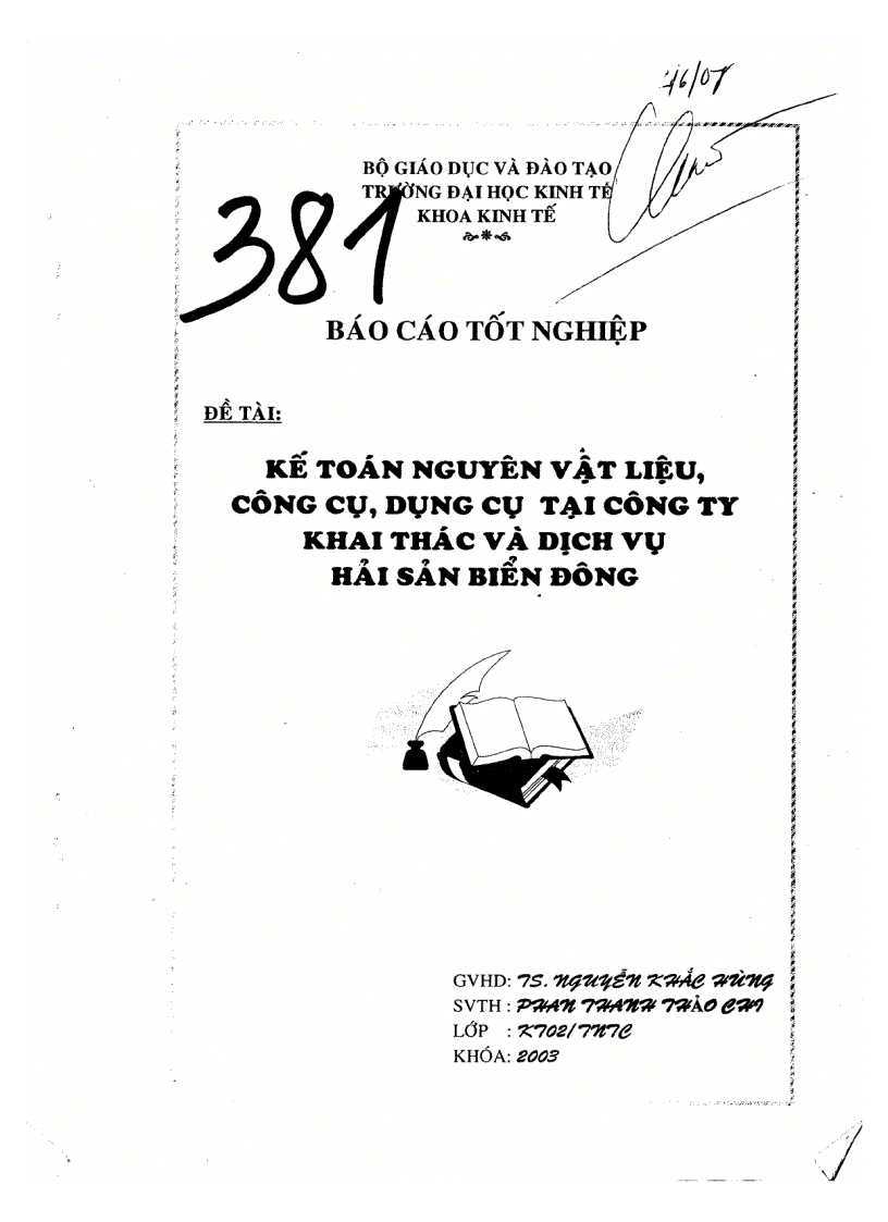 Kế toán nguyên vật liệu công cụ dụng cụ tại công ty khai thác hải sản Biển Đông