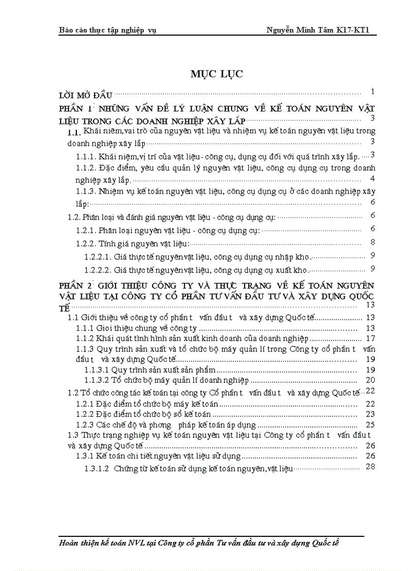 Hoàn thiện kế toán NVL tại Công ty cổ phần Tư vấn đầu tư và xây dựng Quốc tế 1