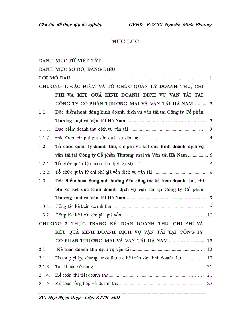 Thực trạng kế toán doanh thu chi phí và kết quả kinh doanh dịch vụ vận tải tại công ty cổ phần thương mại và vận tải hà nam