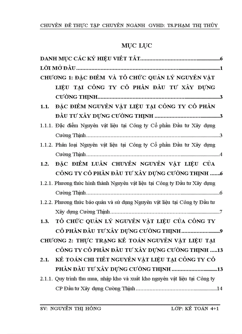 Hoàn thiện kế toán Nguyên vật liệu tại Công ty Cổ phần Đầu tư Xây dựng Cường Thịnh