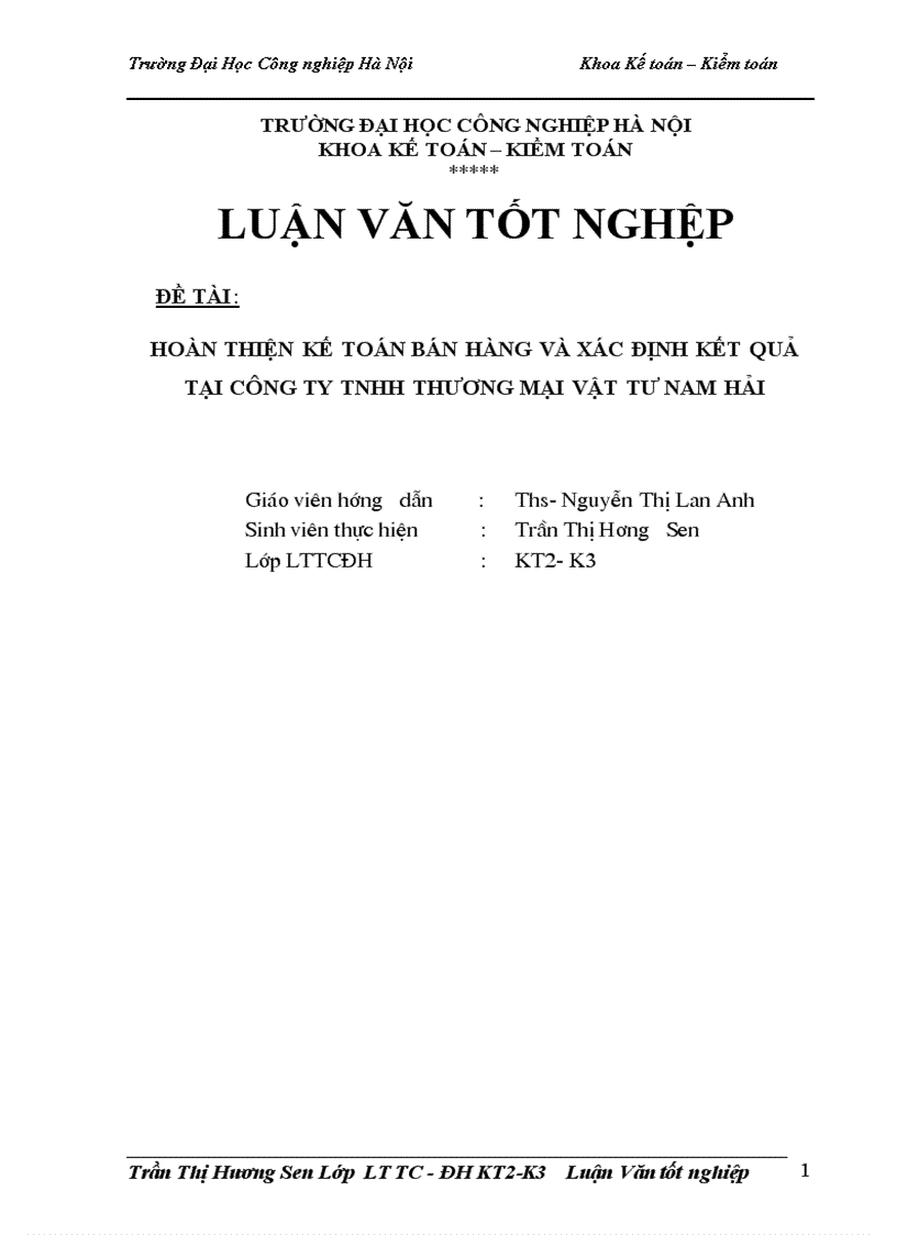 Hoàn thiện kế toán bán hàng và xác định kết quả tại công ty TNHH thương mại vật tư nam hải
