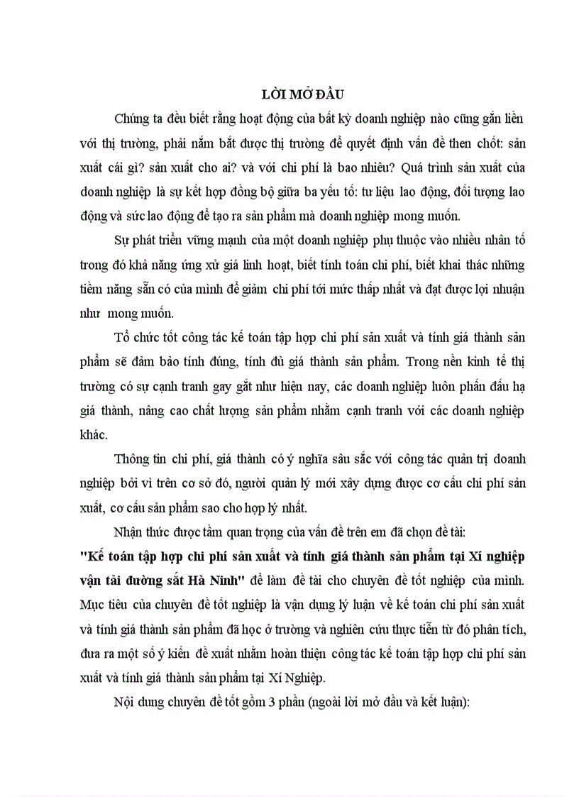 Kế toán tập hợp chi phí sản xuất và tính giá thành sản phẩm tại Xí nghiệp vận tải đường sắt Hà Ninh 1