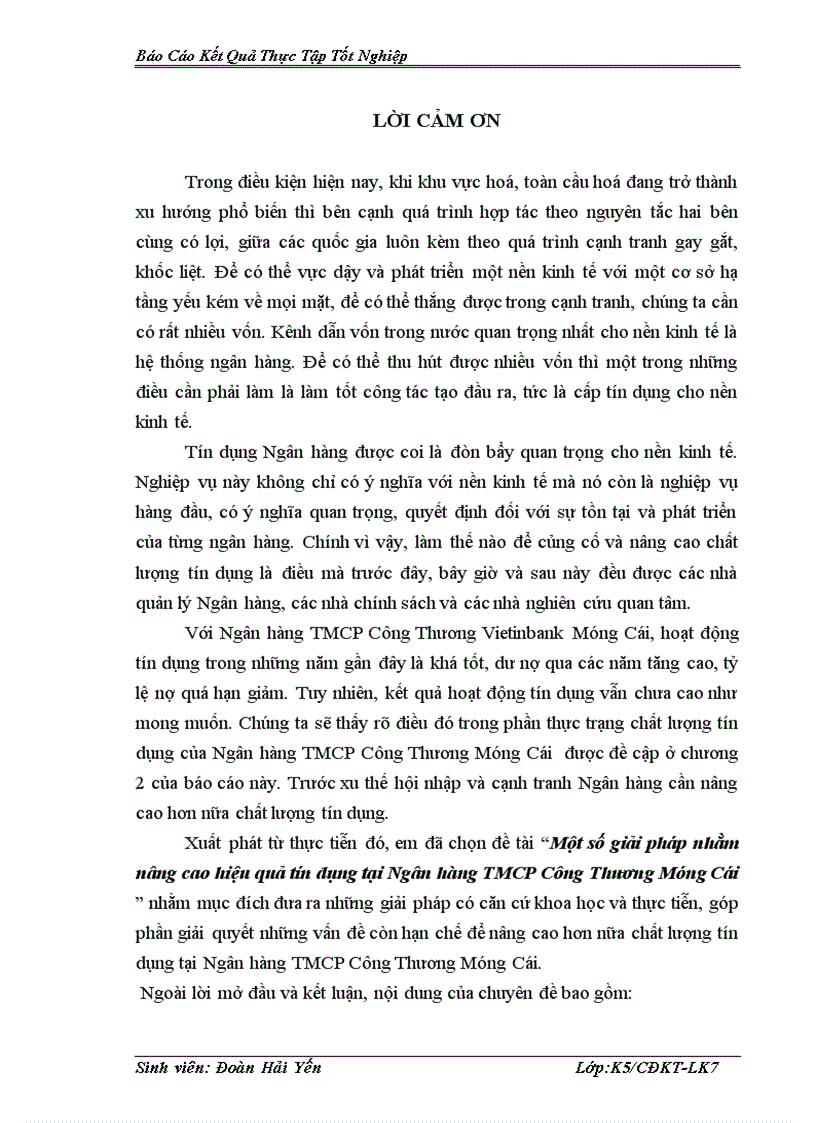 Một số giải pháp nhằm nâng cao hiệu quả tín dụng tại Ngân hàng TMCP Công Thương Móng Cá