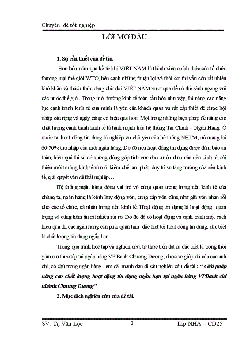 Giải pháp nâng cao chất lượng hoạt động tín dụng ngắn hạn tại ngân hàng VPBank chi nhánh Chương Dương