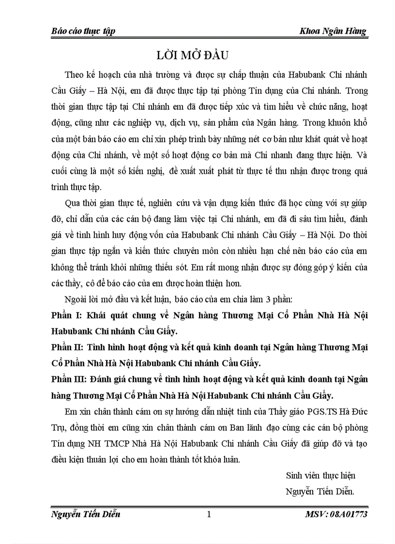 Tình hình hoạt động và kết quả kinh doanh tại Ngân hàng Thương Mại Cổ Phần Nhà Hà Nội Habubank Chi nhánh Cầu Giấy
