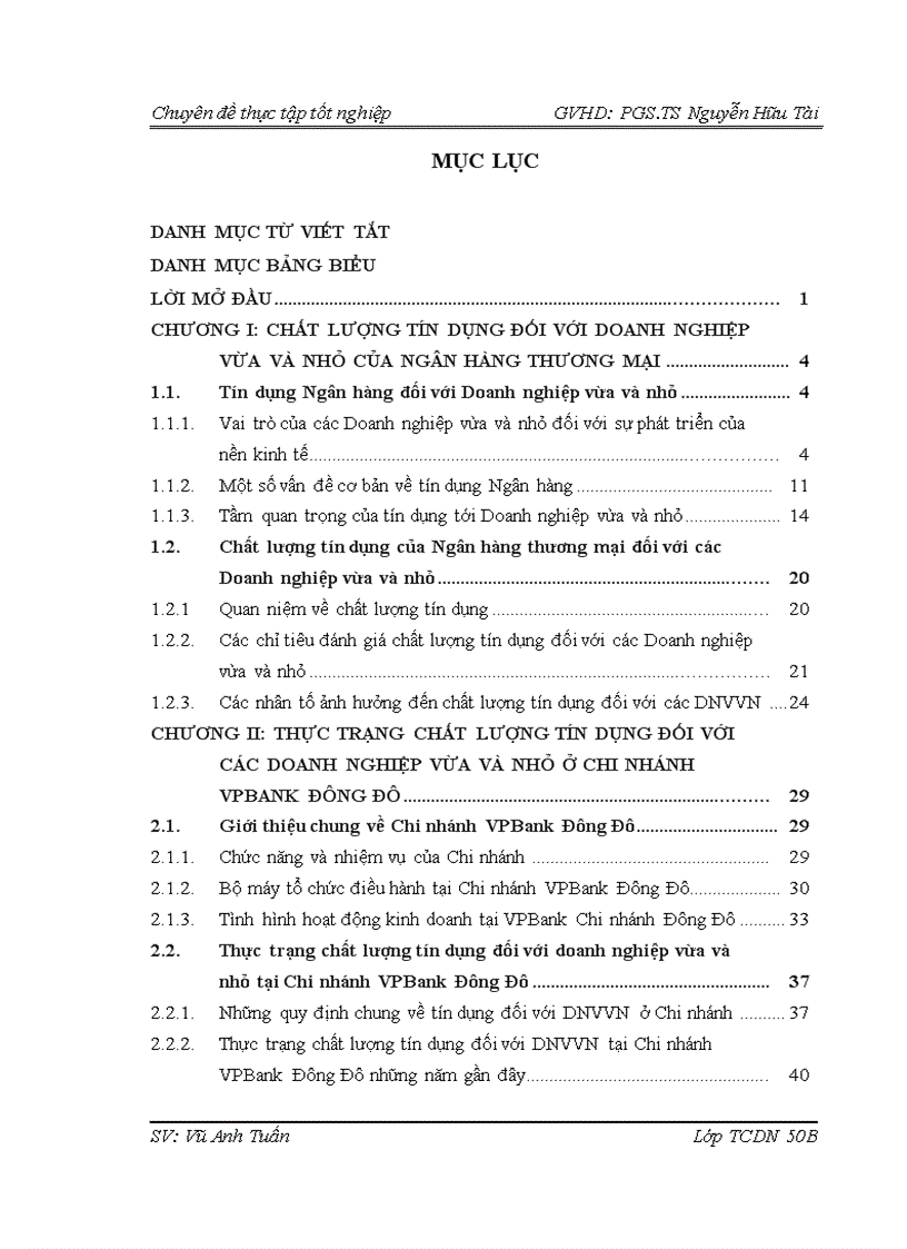 Nâng cao chất lượng tín dụng đối với doanh nghiệp vừa và nhỏ tại ngân hàng Việt Nam Thịnh Vượng VPbank Chi nhánh Đông Đô