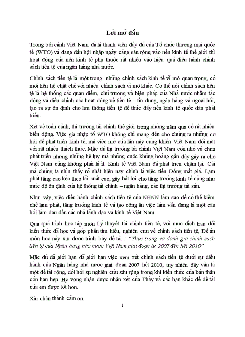 Thực trạng và đánh giá chính sách tiền tệ của Ngân hàng nhà nước Việt Nam giai đoạn từ 2007 đến hết 2010