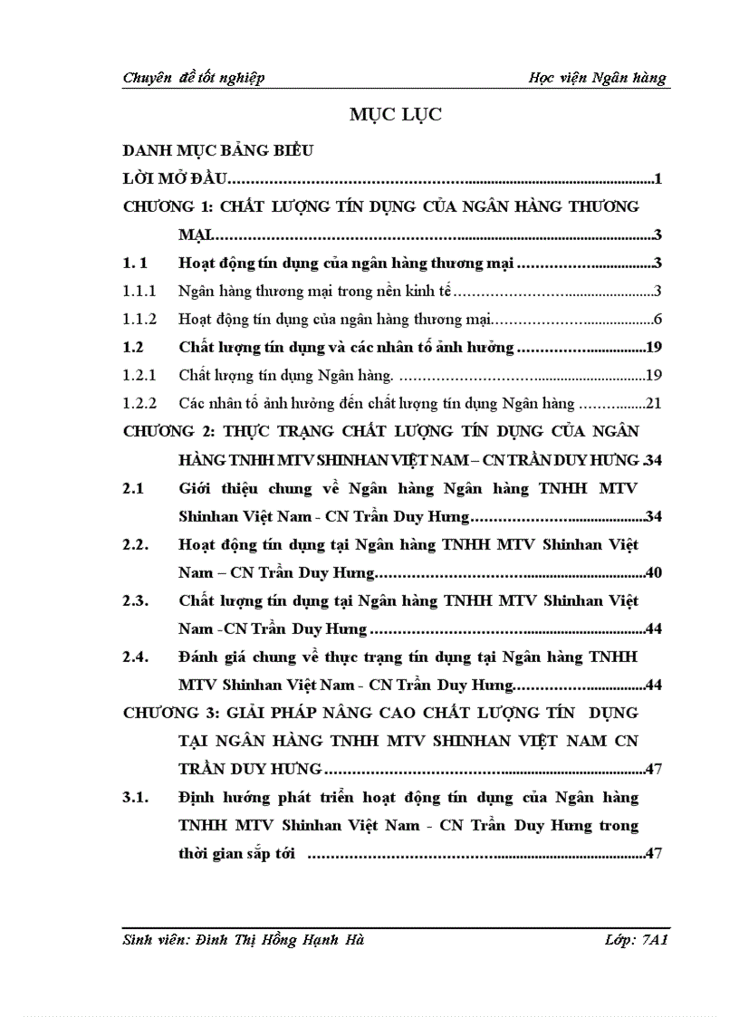Thực trạng chất lượng tín dụng của Ngân hàng TNHH MTV SHINHAN VIệT NAM CN TRầN DUY HƯNG