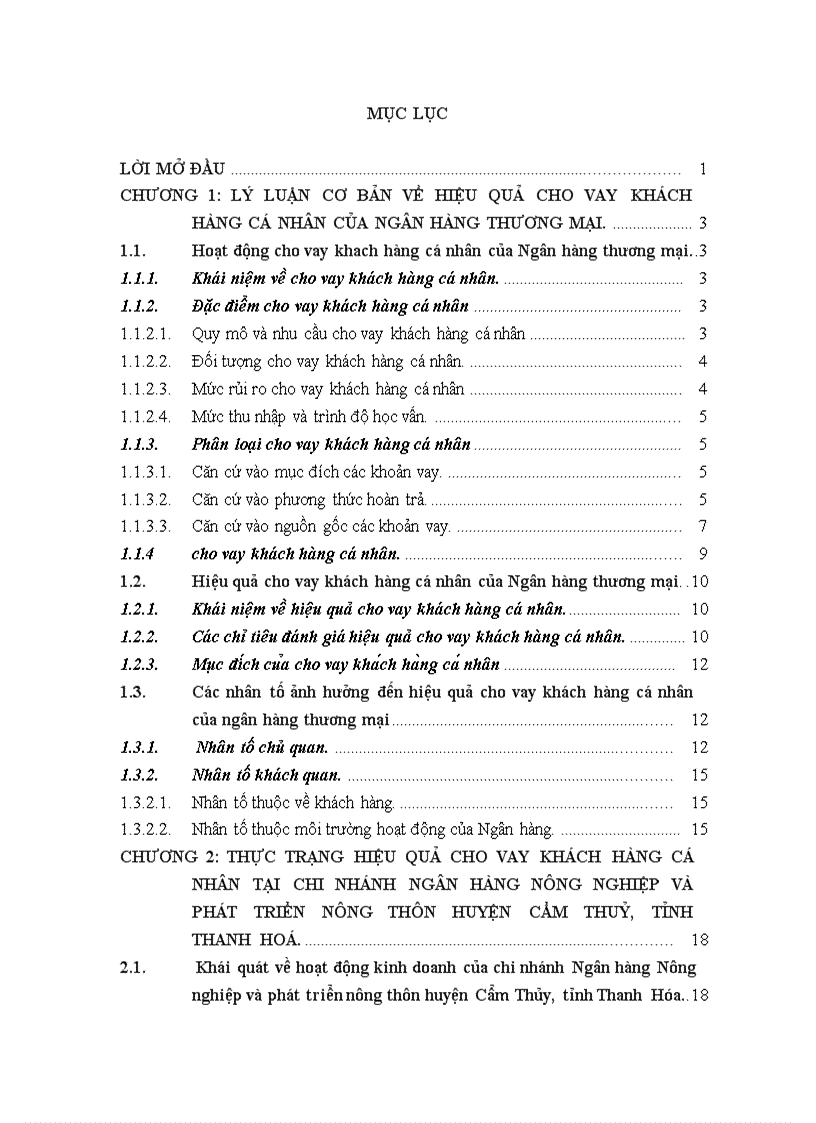 Nâng cao hiệu quả cho vay khách hàng cá nhân tại chi nhánh Ngân hàng Nông nghiệp và Phát triển nông thôn huyện Cẩm Thuỷ tỉnh Thanh Hoá