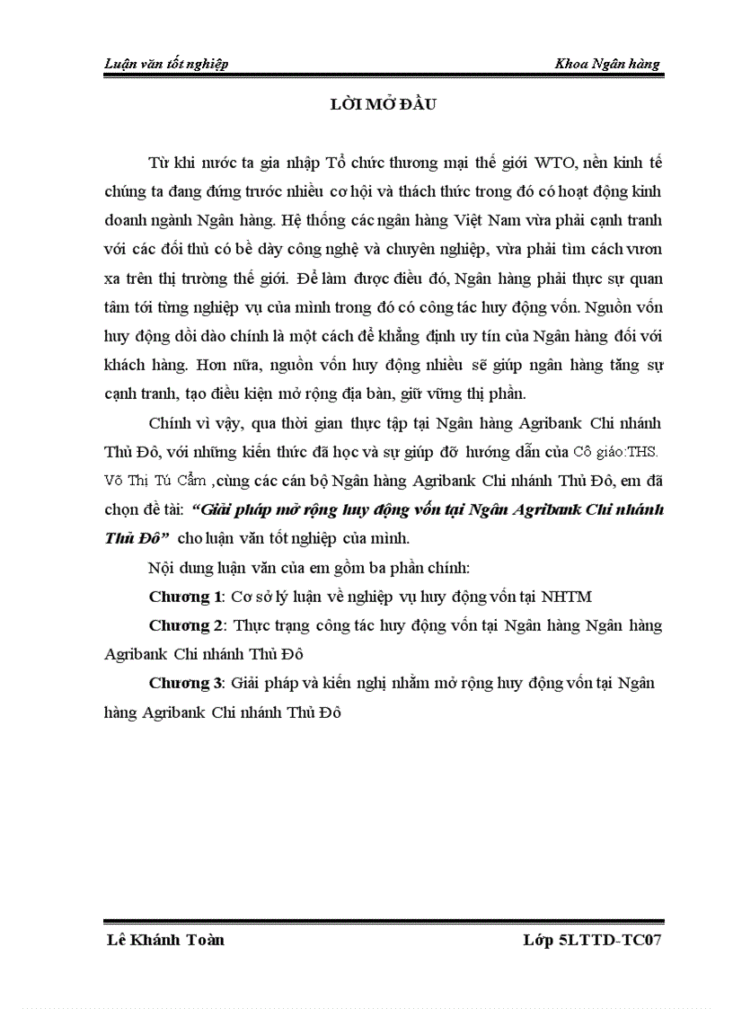 Giải pháp mở rộng huy động vốn tại Ngân Agribank Chi nhánh Thủ Đô