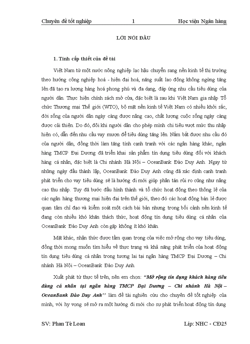 Mở rộng tín dụng khách hàng tiêu dùng cá nhân tại ngân hàng TMCP Đại Dương Chi nhánh Hà Nội OceanBank Đào Duy Anh