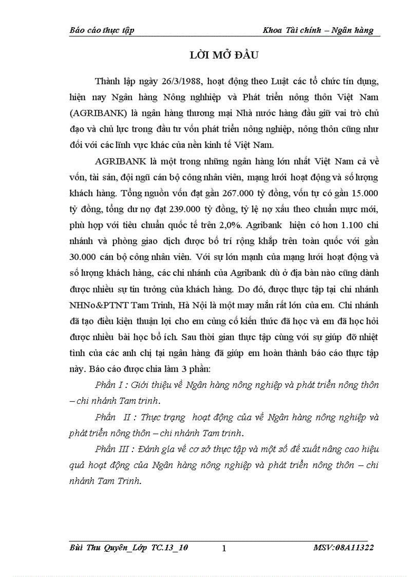 Thực trạng hoạt động của về Ngân hàng nông nghiệp và phát triển nông thôn chi nhánh Tam trinh