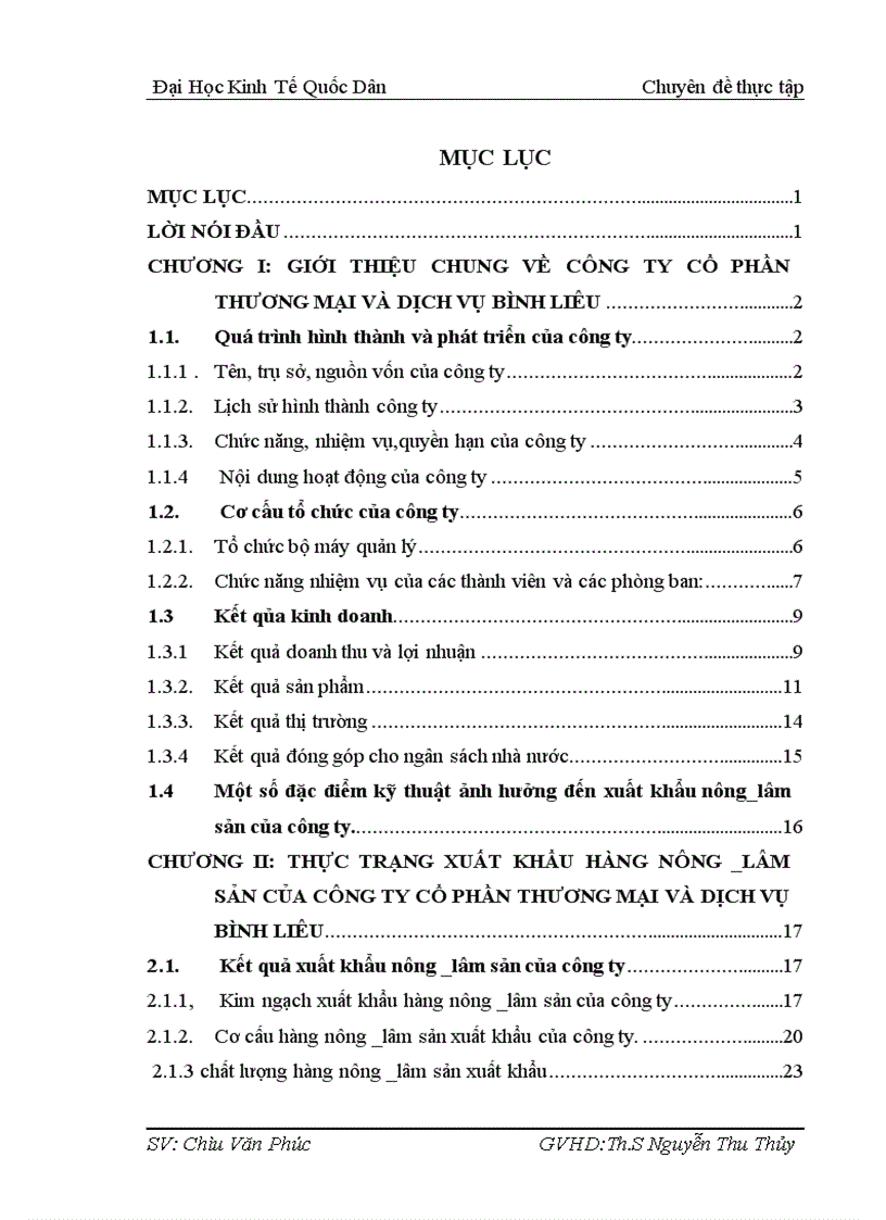 Giải pháp thúc đẩy xuất khẩu hàng nông lâm sản của công ty CỔ PHẦN THƯƠNG MẠI VÀ DỊCH VỤ BÌNH LIÊU