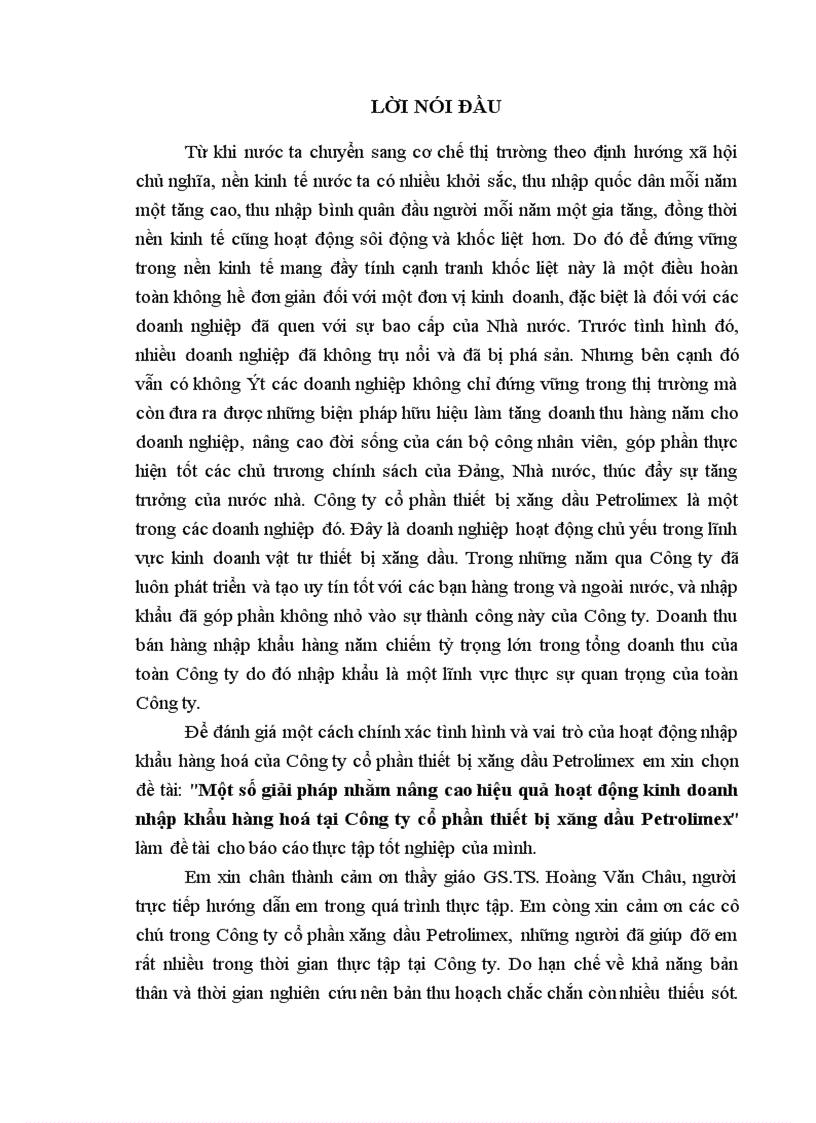 Một số giải pháp nhằm nâng cao hiệu quả hoạt động kinh doanh nhập khẩu hàng hoá tại Công ty cổ phần thiết bị xăng dầu Petrolimex 1
