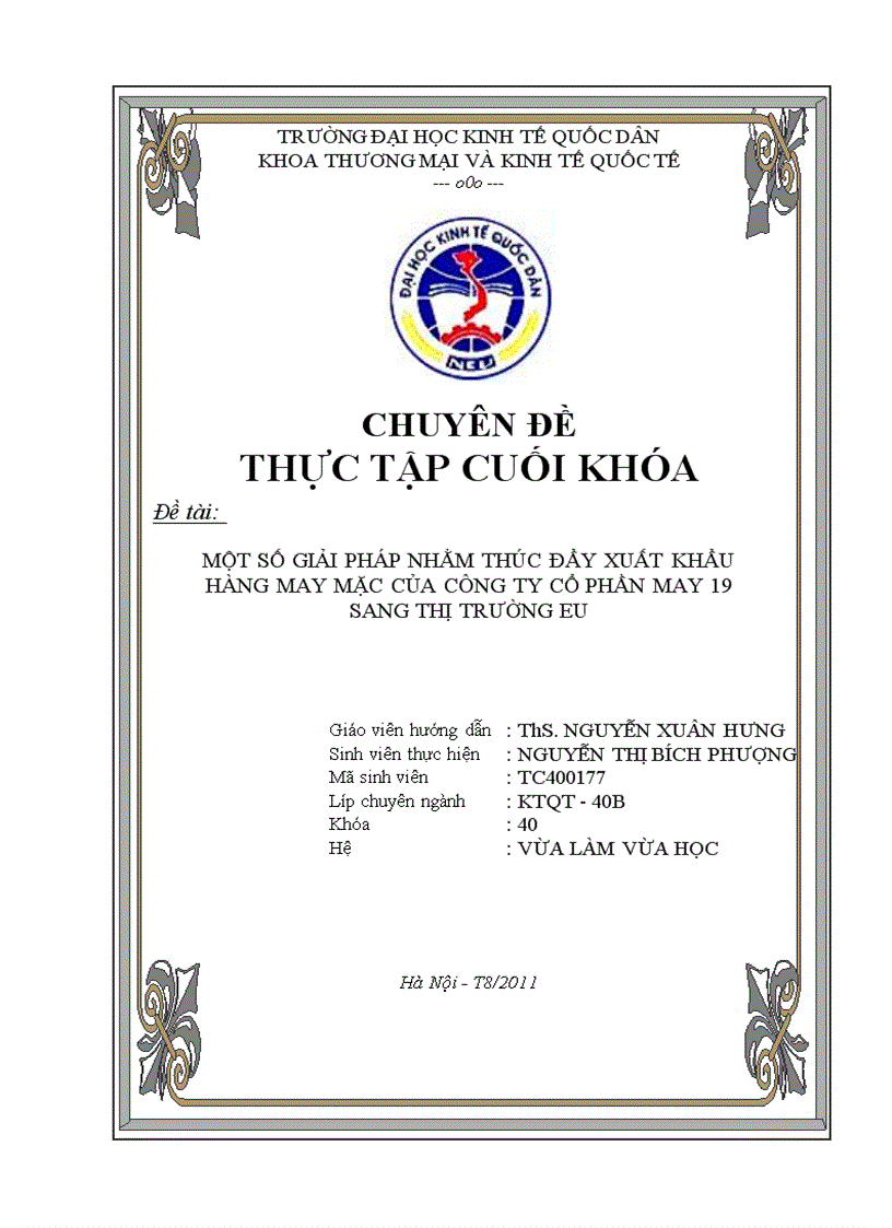 Một số giải pháp nhằm thúc đẩy xuất khẩu hàng may MặC của công ty cổ phần may 19 sang thị trường EU