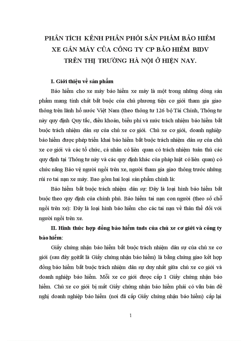 Phân tích kênh phân phối sản phẩm bảo hiểm xe gắn máy của Công ty CP Bảo hiểm BIDV trên thị trường Hà Nội ở hiện nay