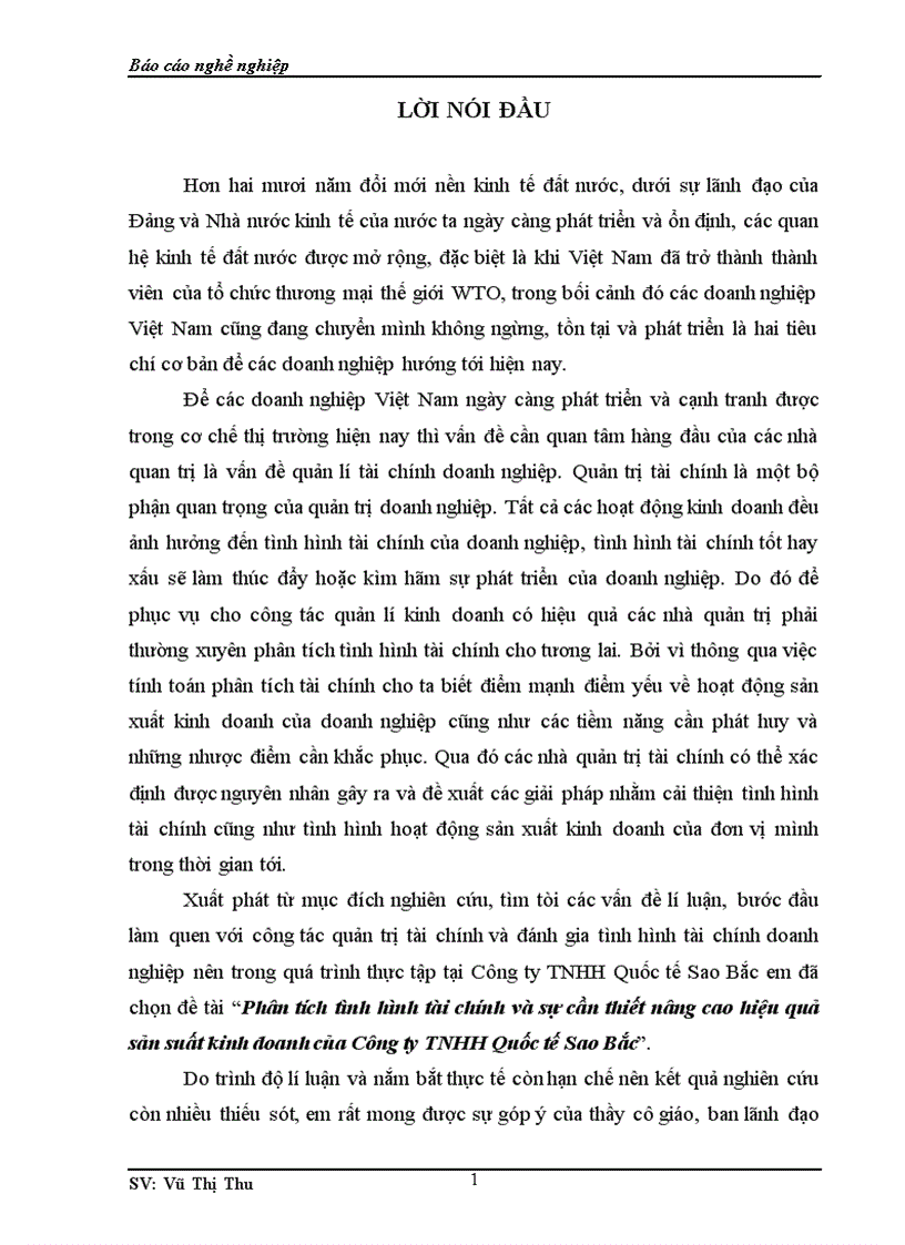 Phân tích tình hình tài chính và sự cần thiết nâng cao hiệu quả sản suất kinh doanh của Công ty TNHH Quốc tế Sao Bắc 1