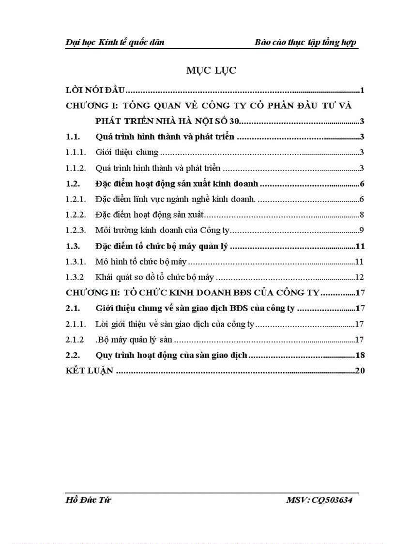 Đặc điểm hoạt động sản xuất kinh doanh công ty cổ phần đầu tư và phát triển nhà HÀ NỘI SỐ 30