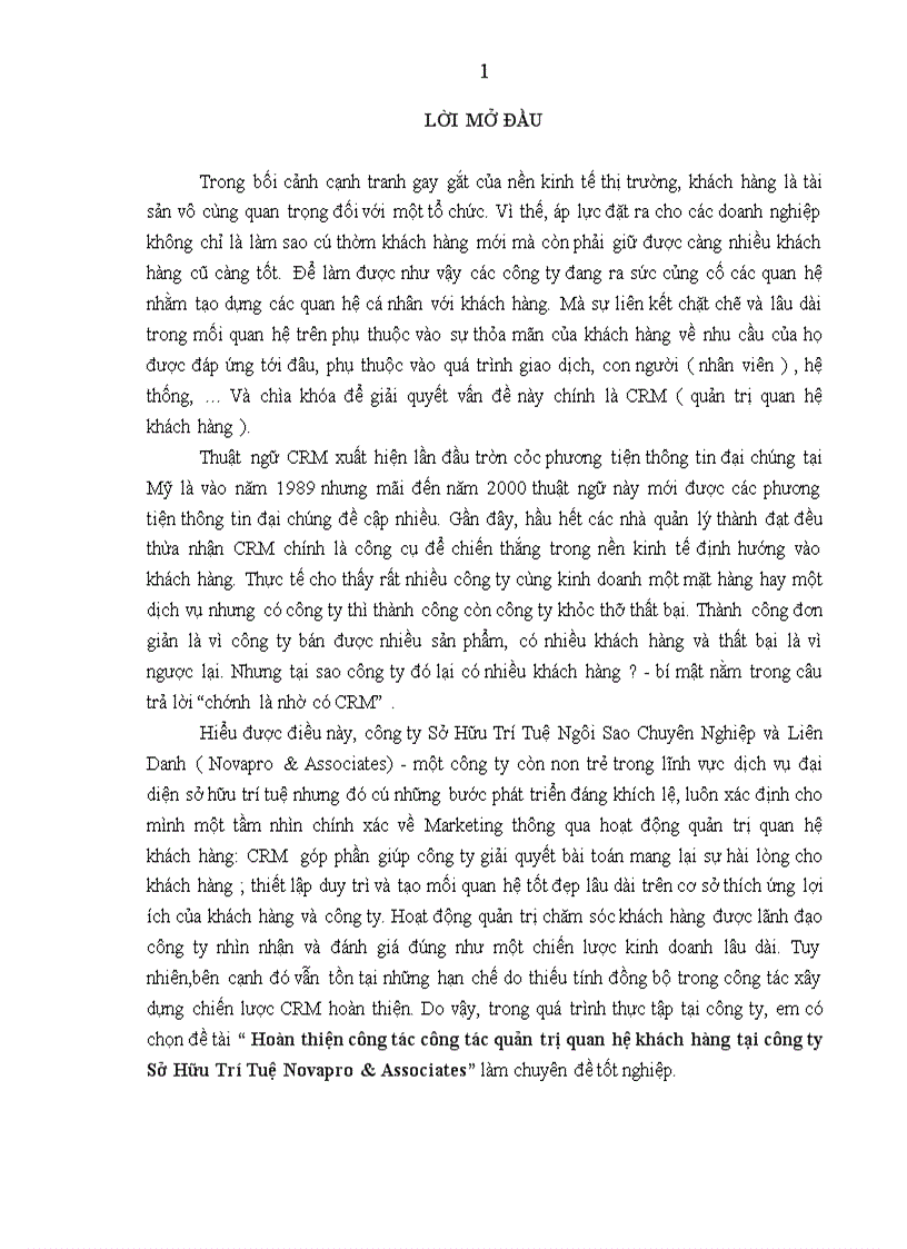 Hoàn thiện công tác công tác quản trị quan hệ khách hàng tại công ty Sở Hữu Trí Tuệ Novapro Associates