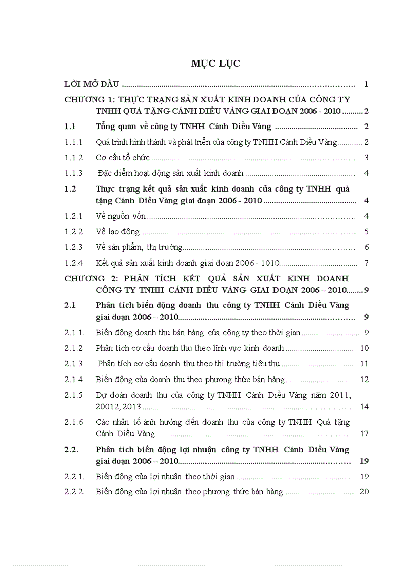 Phân tích thống kê kết quả sản xuất kinh doanh của Công ty TNHH quà tặng Cánh Diều Vàng giai đoạn 2006 2010