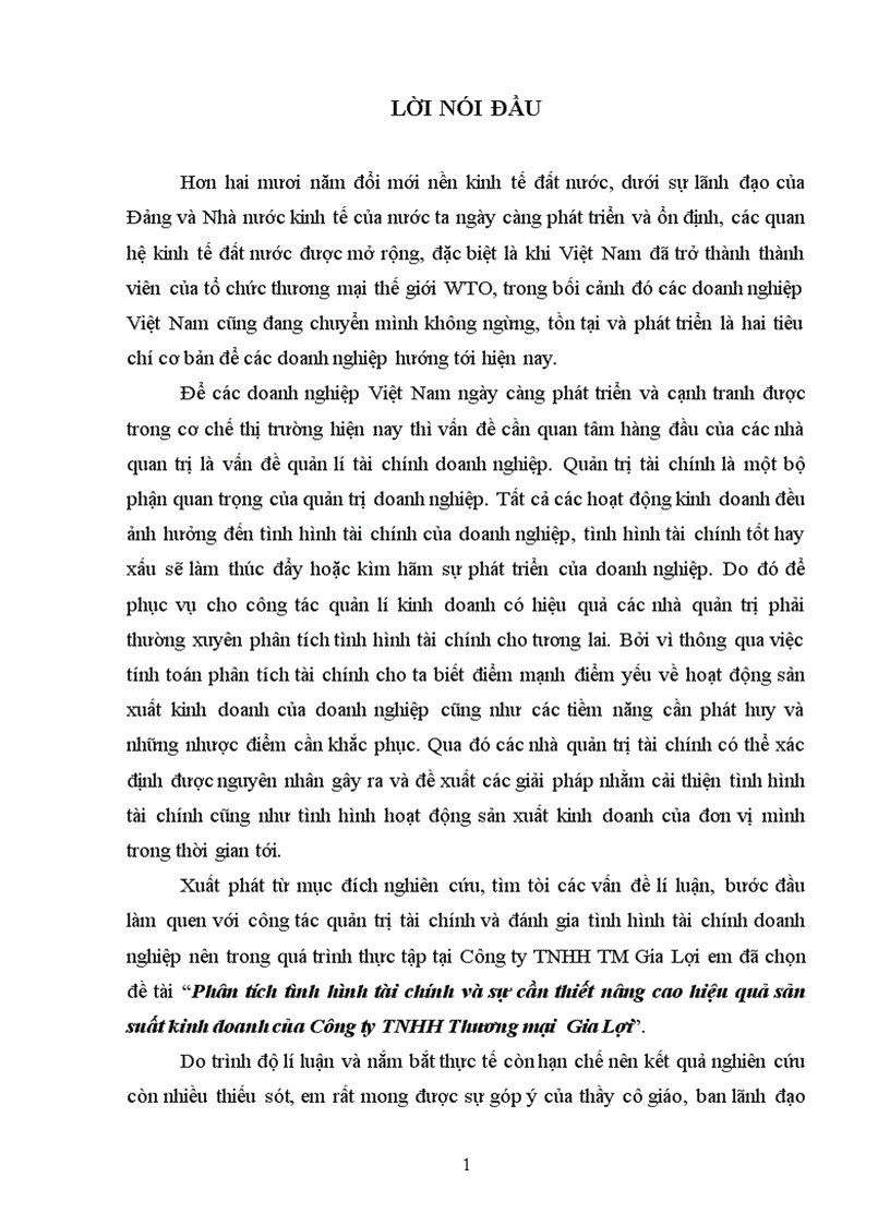 Phân tích tình hình tài chính và sự cần thiết nâng cao hiệu quả sản suất kinh doanh của Công ty TNHH Thương mại Gia Lợi